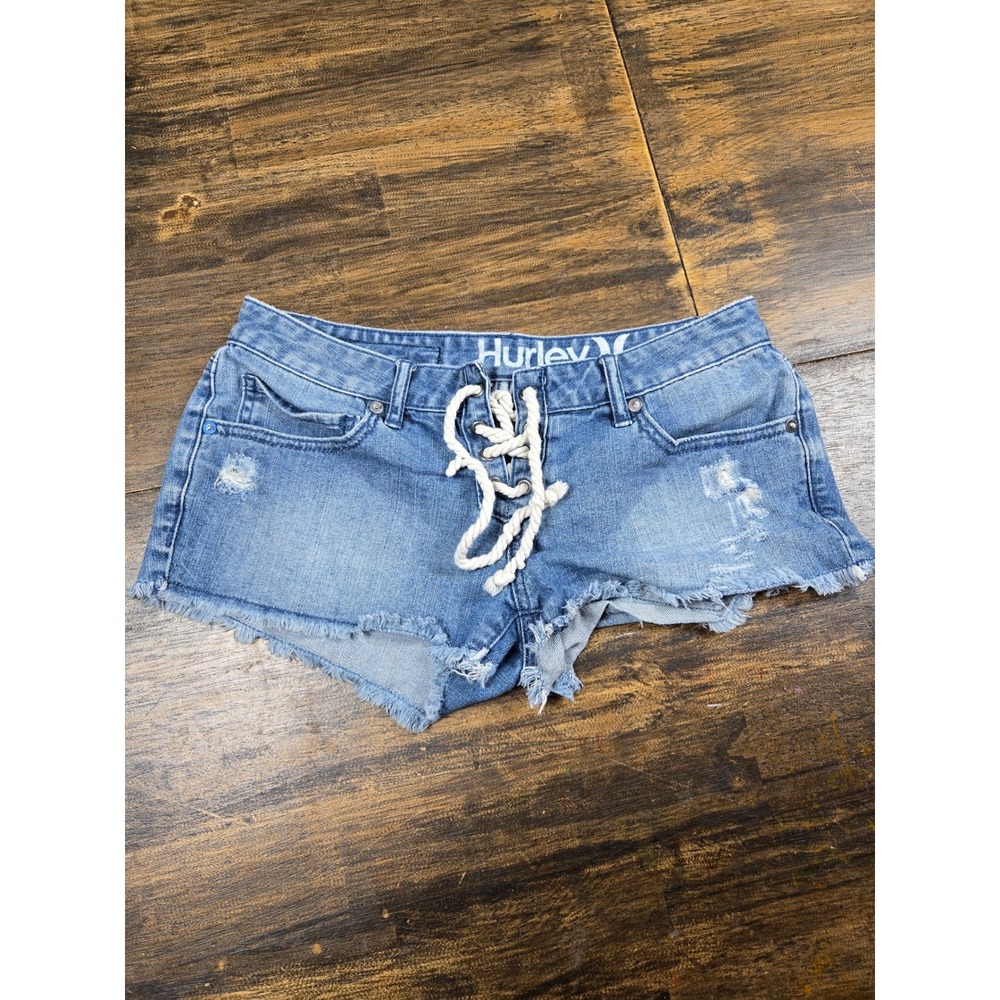 Hurley Womens Lace Up Front Distressed‎ Denim Cut Off Shorts Light Wash Size 3